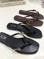 Toe Thong Flat Gold Buckle Sandals (2 Colours)