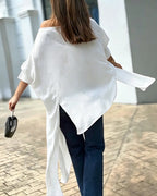 Women's Skew Neck Batwing Sleeve Tee Asymmetric Loose Cape Blouse Slit Elegant Top