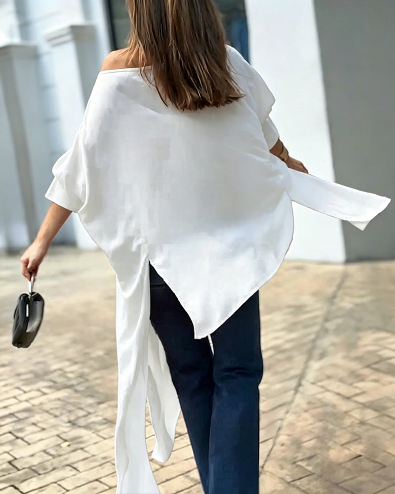 Women's Skew Neck Batwing Sleeve Tee Asymmetric Loose Cape Blouse Slit Elegant Top