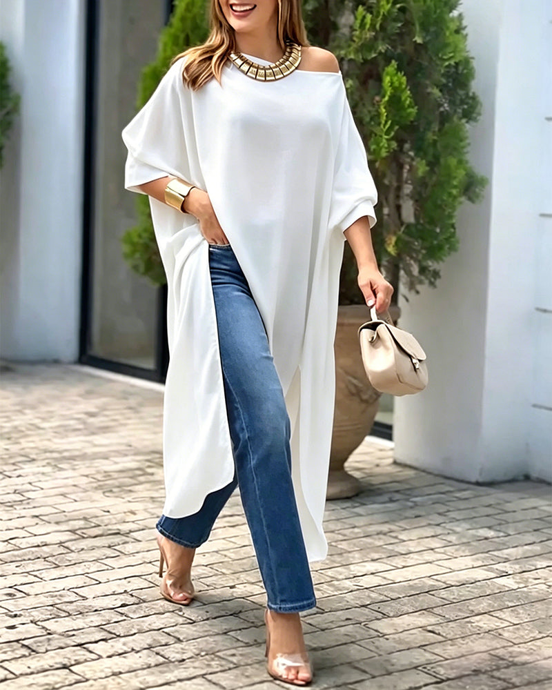 Women's Skew Neck Batwing Sleeve Tee Asymmetric Loose Cape Blouse Slit Elegant Top