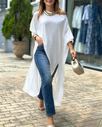 Women's Skew Neck Batwing Sleeve Tee Asymmetric Loose Cape Blouse Slit Elegant Top