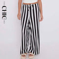 Black Stripe Abstract Print Wide-Leg Drawstring Palazzo Pleated Pants