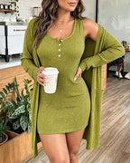 2 Pieces Outfit U-Neck Half Button Front Slim Fit Mini Tank Dress and Long Sleeve Pockets Design Cardigan Casual Rhinestone Decor Textured Set