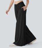 Mid Rise Crossover Ruched Wide Leg Casual Pants with Pockets