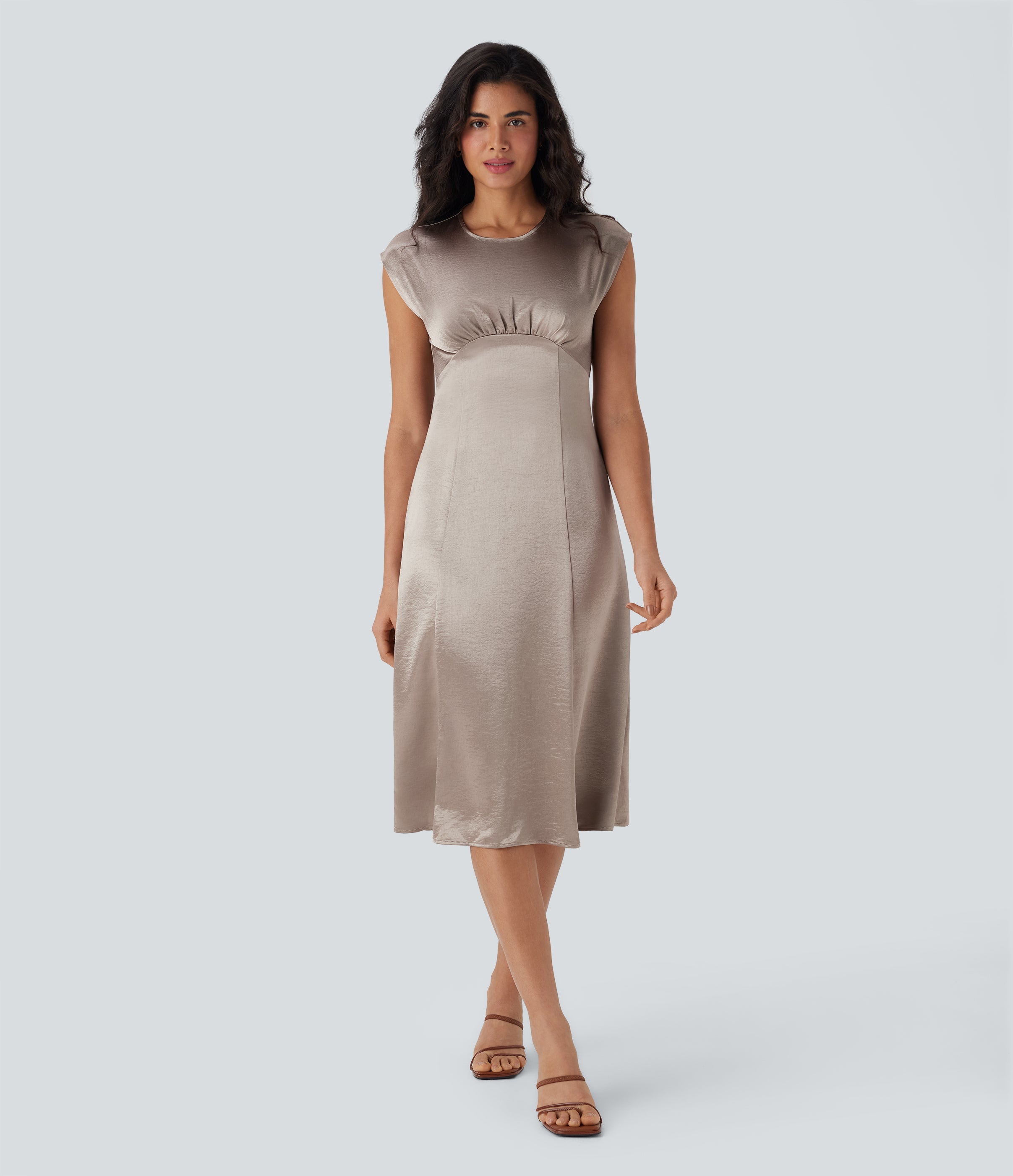 Round Neck Ruched Midi Satin Work Dress with Pockets