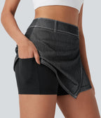 FlexTM High Waisted 2-in-1 Cool Touch Washed Denim Mini Tennis Skirt with Pocket