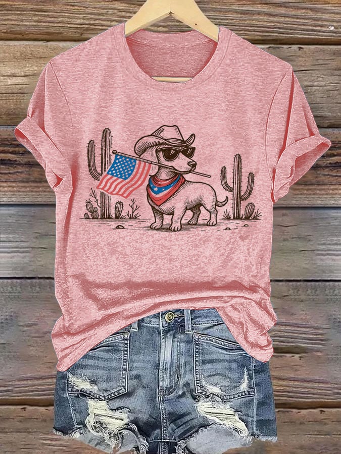Women's Patriotic Dog Lover Printed Casual T-Shirt