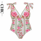 Vintage Rose Garden V Neck Lace Up Floral Swimsuit&Skirt