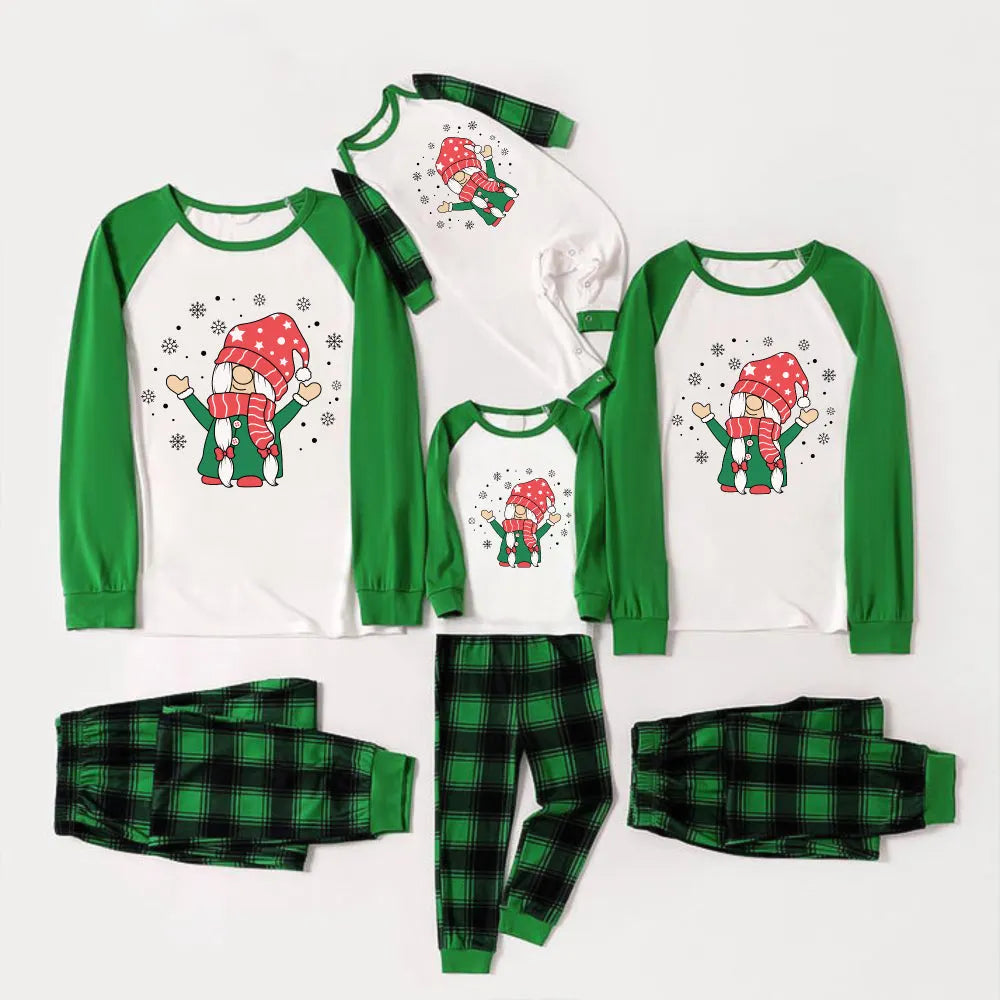 Green Raglan Top Green Plaid Christmas Pajamas Set With Cute Gnome Print
