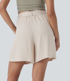 High Waisted Belted Casual Linen-Feel Bermuda Shorts with Pockets