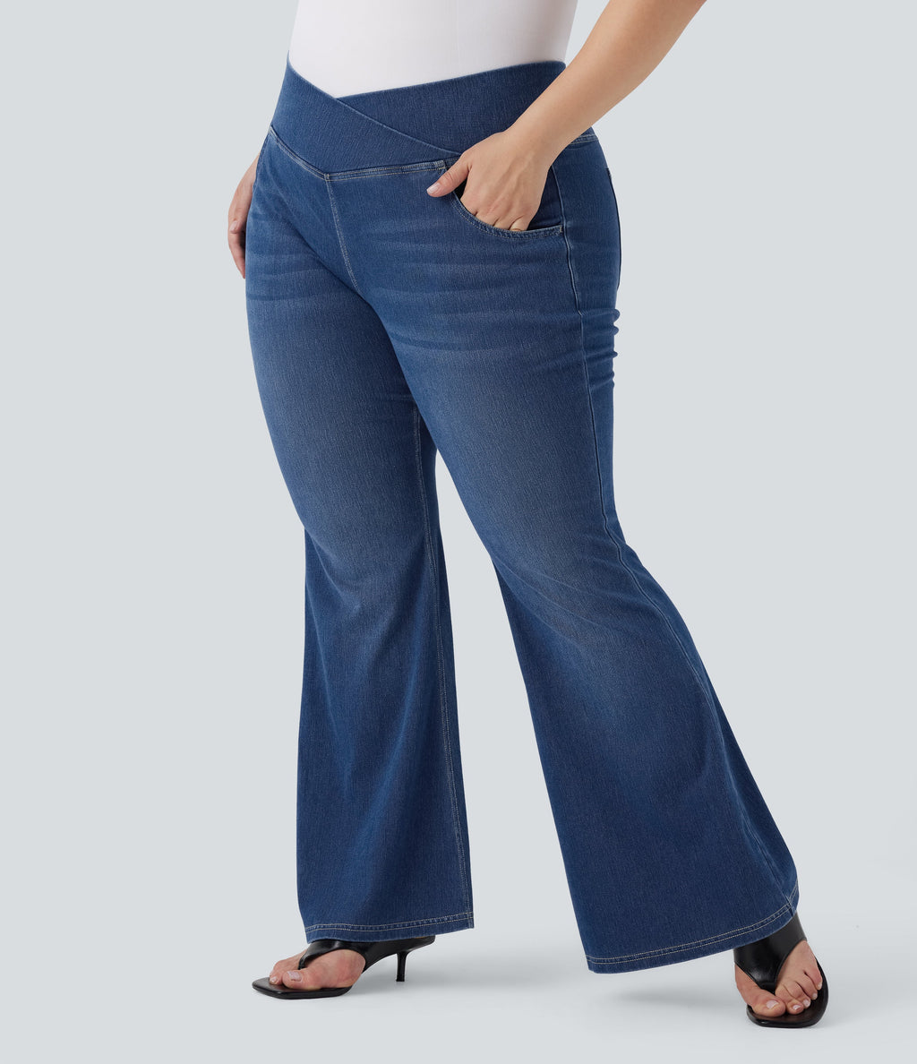Plus Size FlexTM High Waisted Crossover Washed Casual Flare Jeans with Pockets