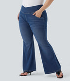 Plus Size FlexTM High Waisted Crossover Washed Casual Flare Jeans with Pockets