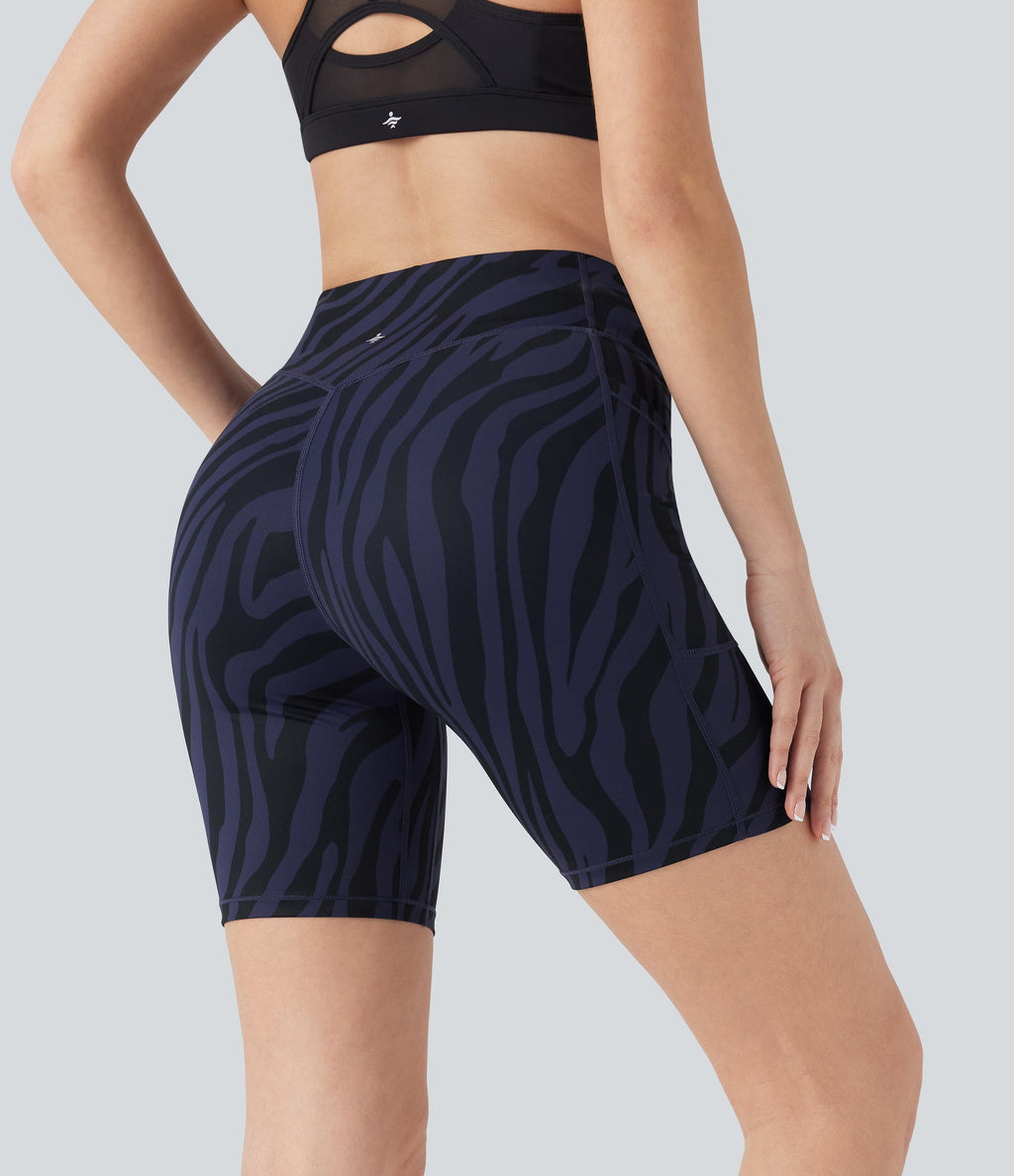 SoCinched High Waisted Tummy Control Zebra Print Training Biker Shorts 7'' with Pockets