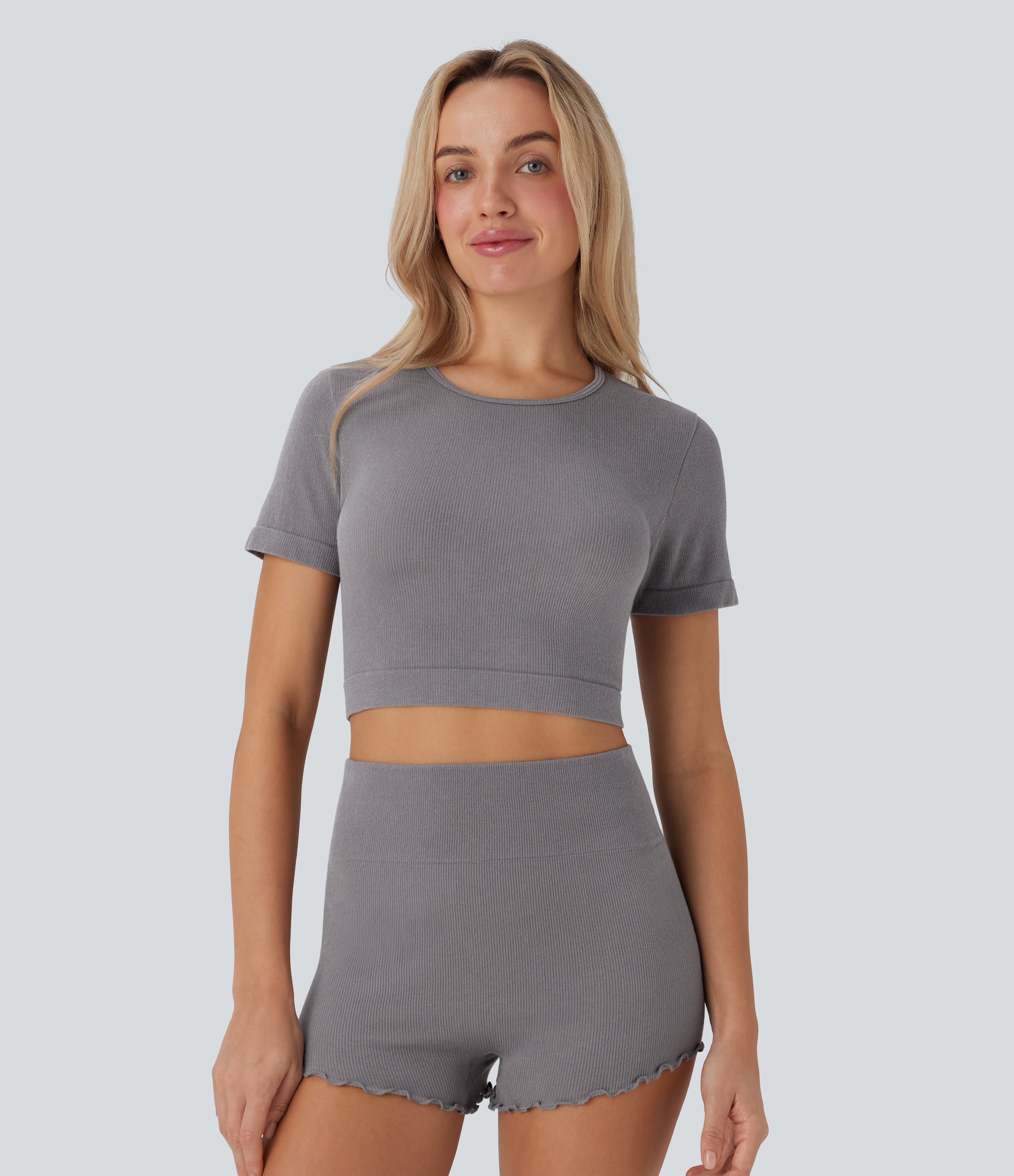 Seamless Flow Round Neck Short Sleeve Cropped Lounge Top