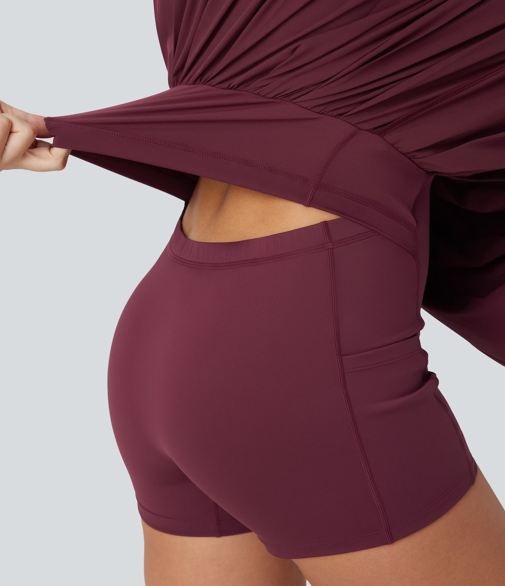 BreezefulTM Pleated Adjustable Buckle 2-in-1 Micro Mini Quick Dry Casual Slip Dress with Pocket-Easy Peezy
