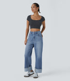 FlexTM High Waisted Multiple Pockets Rolled Hem Wide Leg Washed Stretchy Knit Casual Jeans