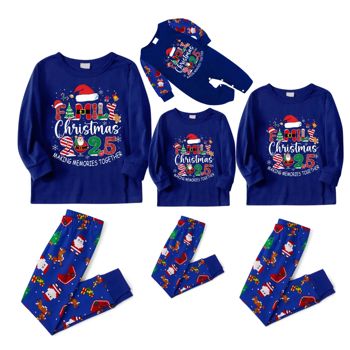 Cozy Blue Christmas Pajamas Set With "Family Christmas 2025 Making Memories Together" Text Print