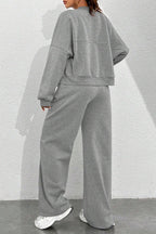 Zipper Long Sleeve Track Jacket Solid Color Wide Leg Pants Set-Black