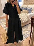 NEW🔥 Lapel Button Bubble Sleeve Cotton Linen Dress- Tax Free