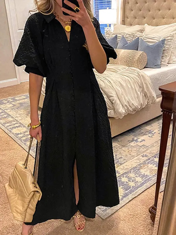 NEW🔥 Lapel Button Bubble Sleeve Cotton Linen Dress- Tax Free