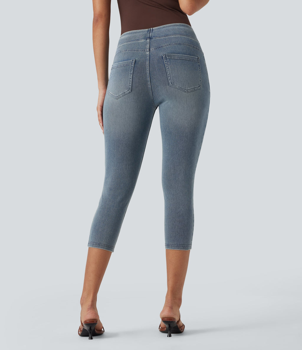 FlexTM High-Waisted Denim Casual Capri Leggings with Pockets
