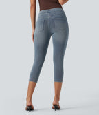FlexTM High-Waisted Denim Casual Capri Leggings with Pockets
