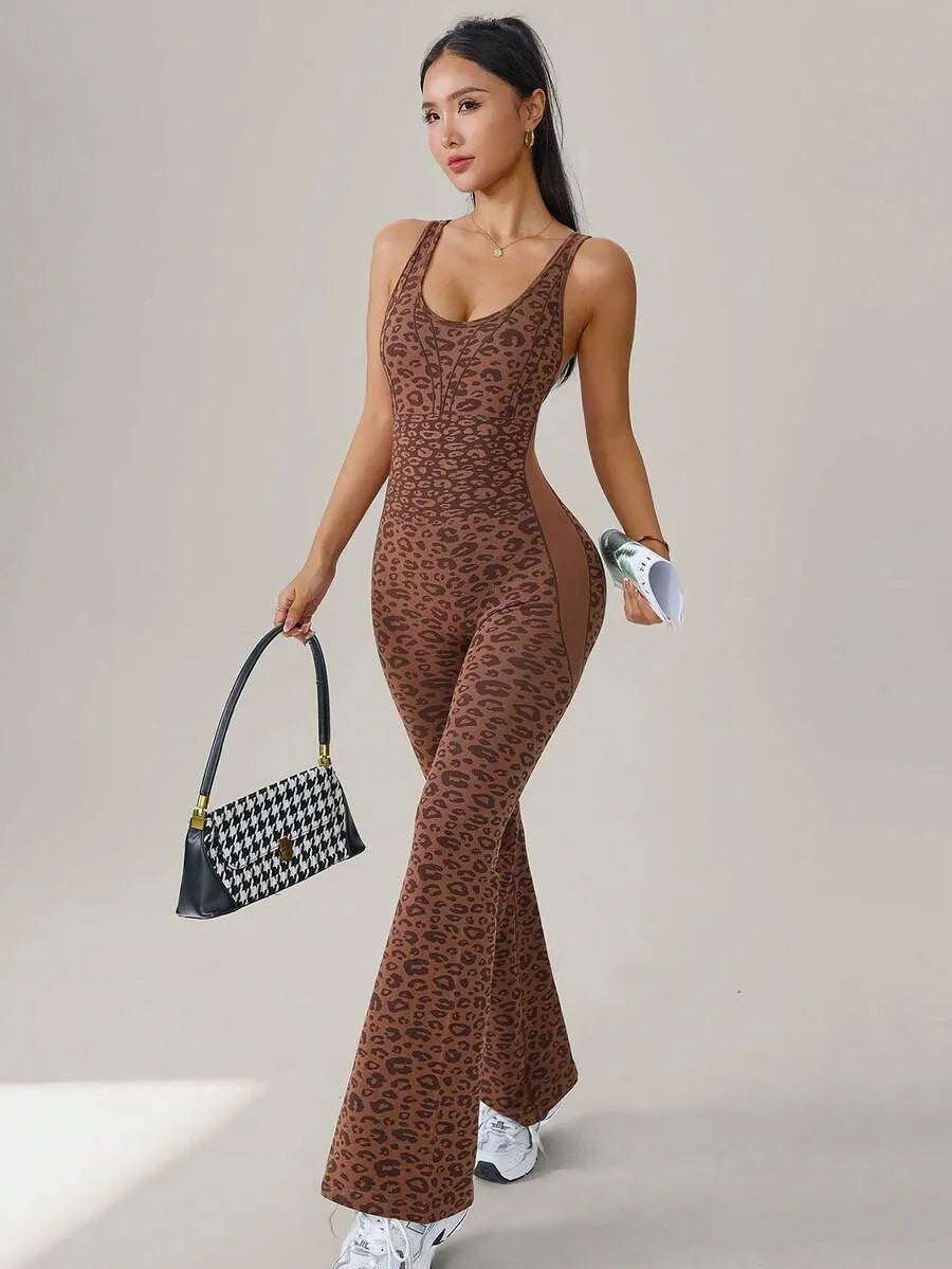 Women's Leopard Print Yoga Jumpsuit, Cross Strap Design, Long Sleeve Slim Fit, Casual Fashion for All Seasons, Comfortable Wear at Home