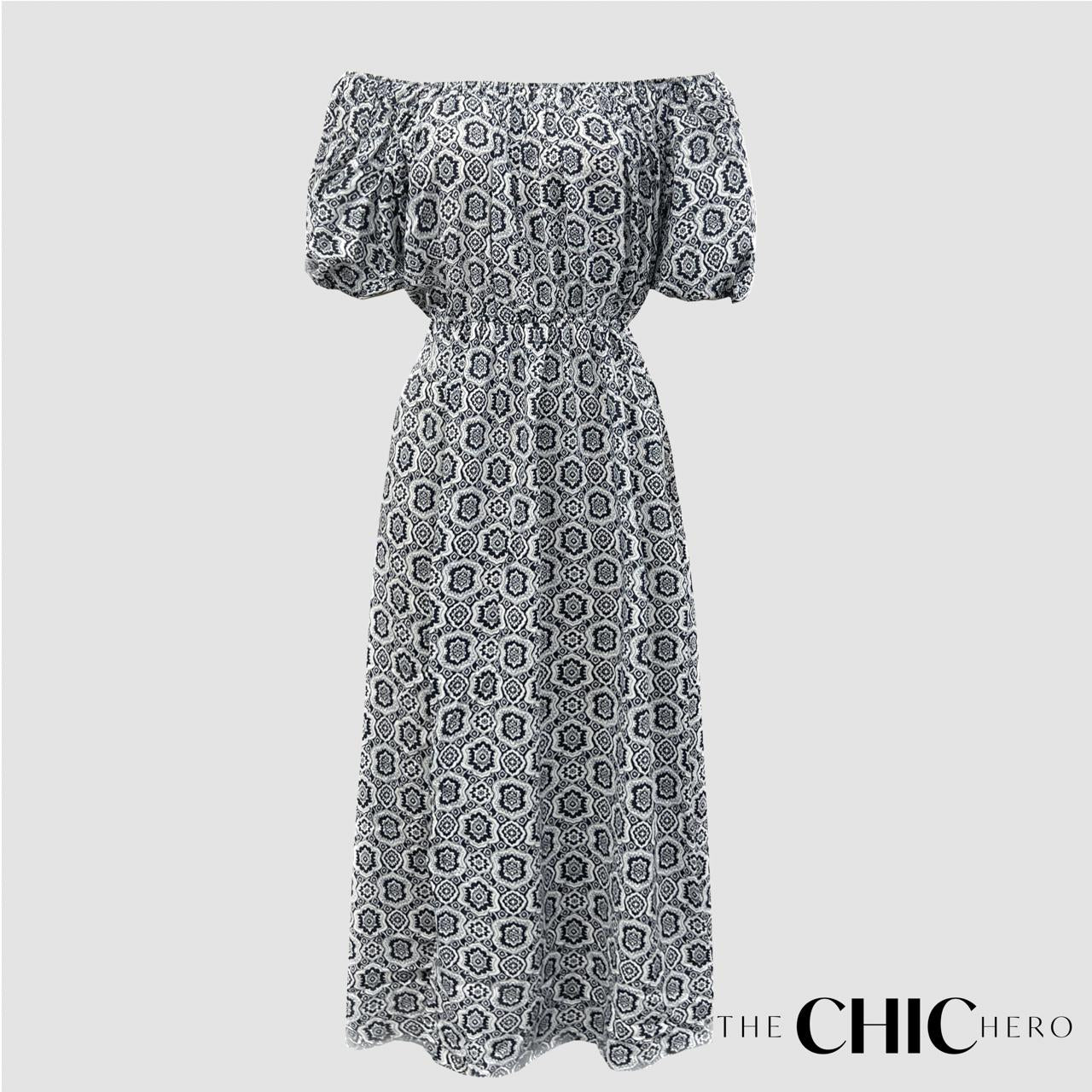 Long Sleeve Vintage Style Maxi Dress in Mono Print