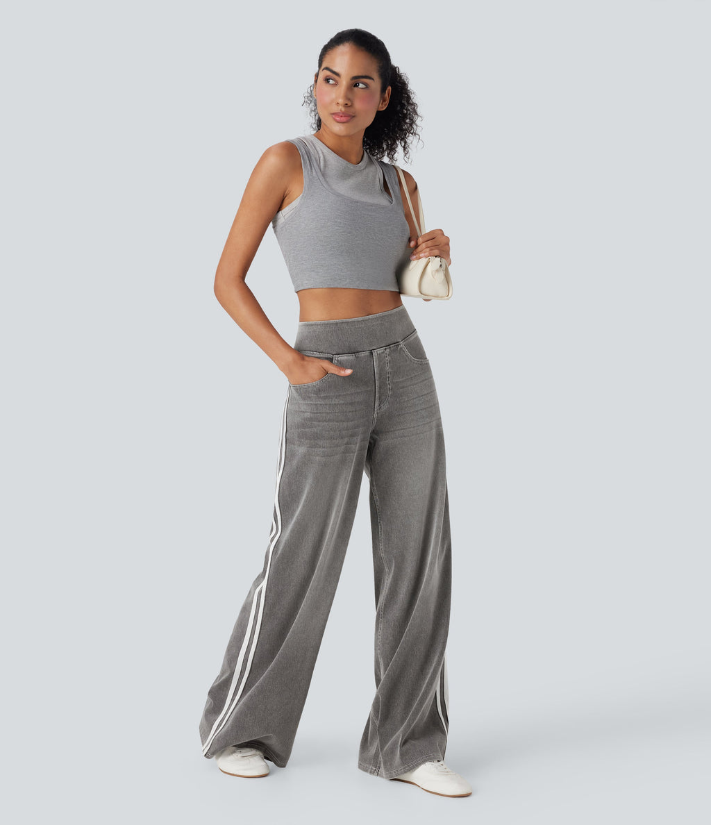 FlexTM High Waisted Stripe Wide Leg Flowy Washed Casual Jeans with Pockets