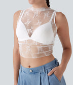 Mock Neck Sleeveless Ruched Cropped Sheer Lace Casual Top
