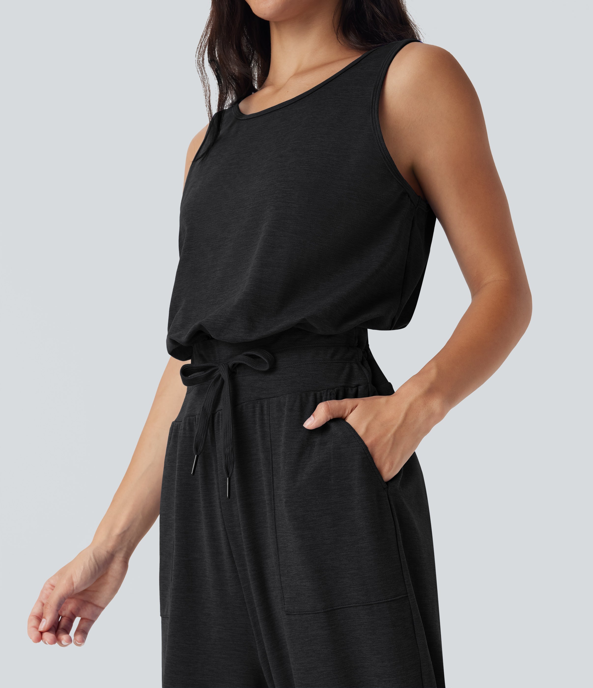 Sleeveless Cut Out Drawstring Yoga Jumpsuit with Pockets