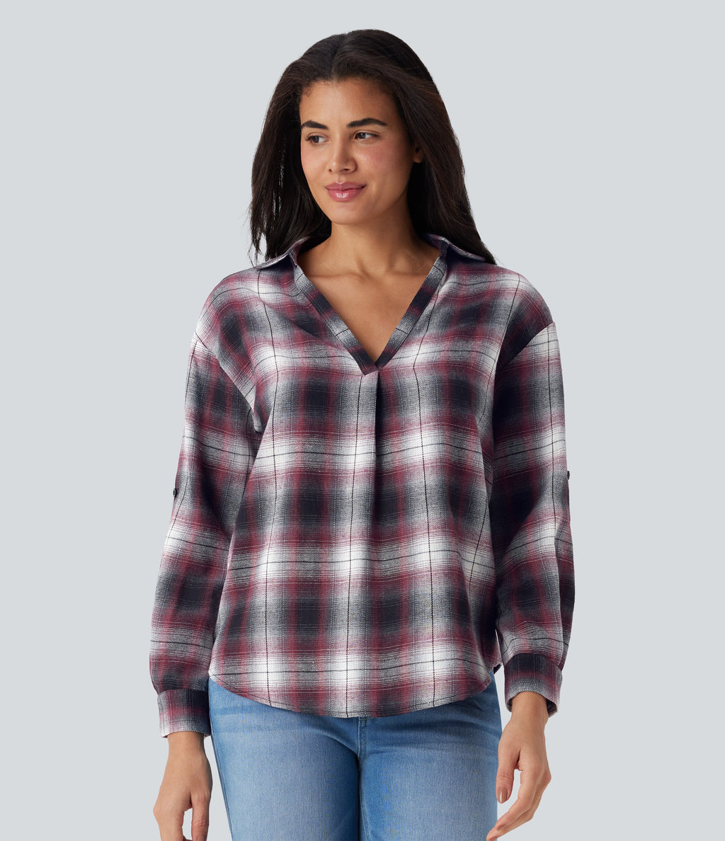 V Neck Curved Hem Plaid Casual Blouse