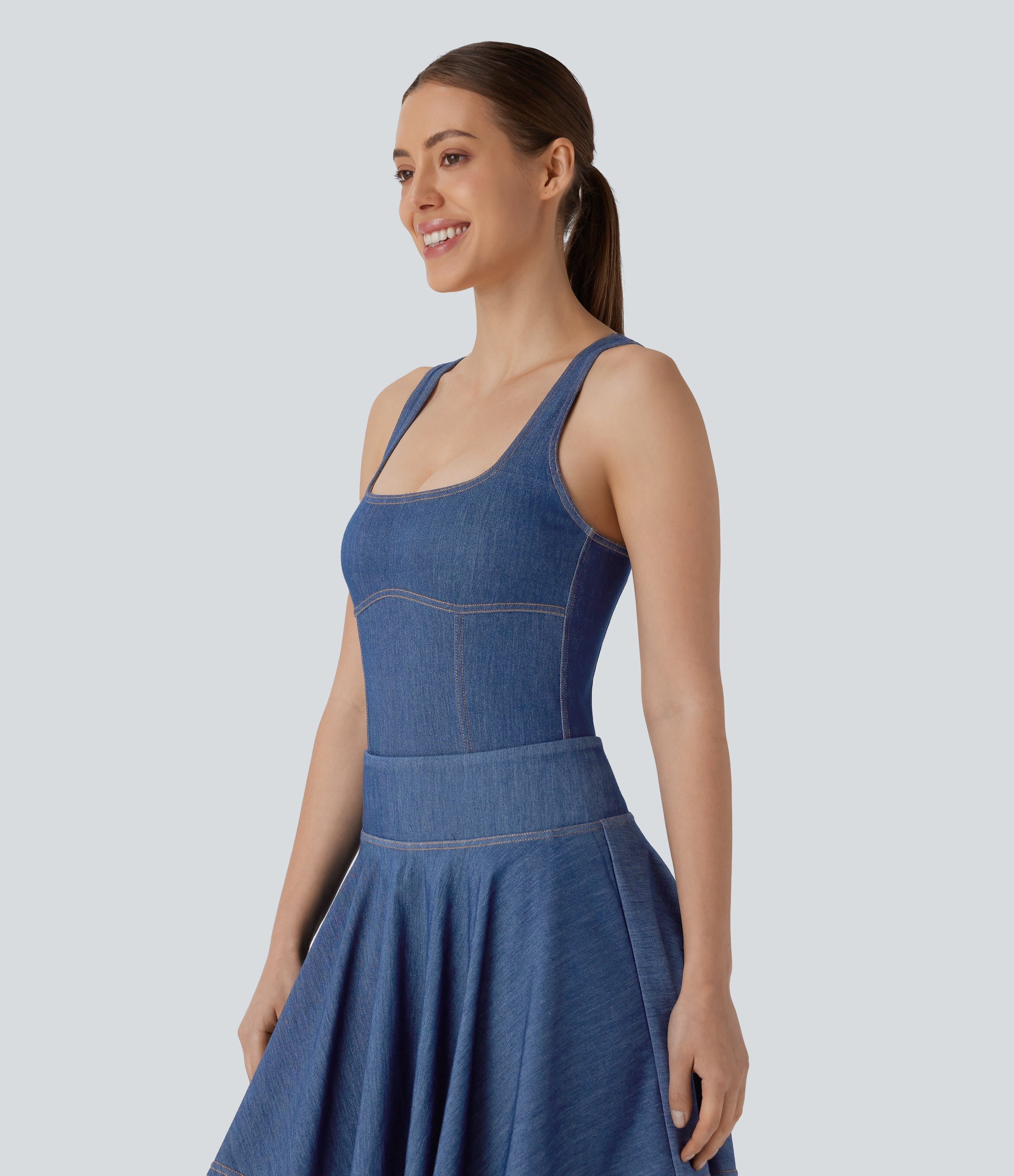 FlexTM Square Neck Racerback Cool Touch Washed Denim Tennis Bodysuit