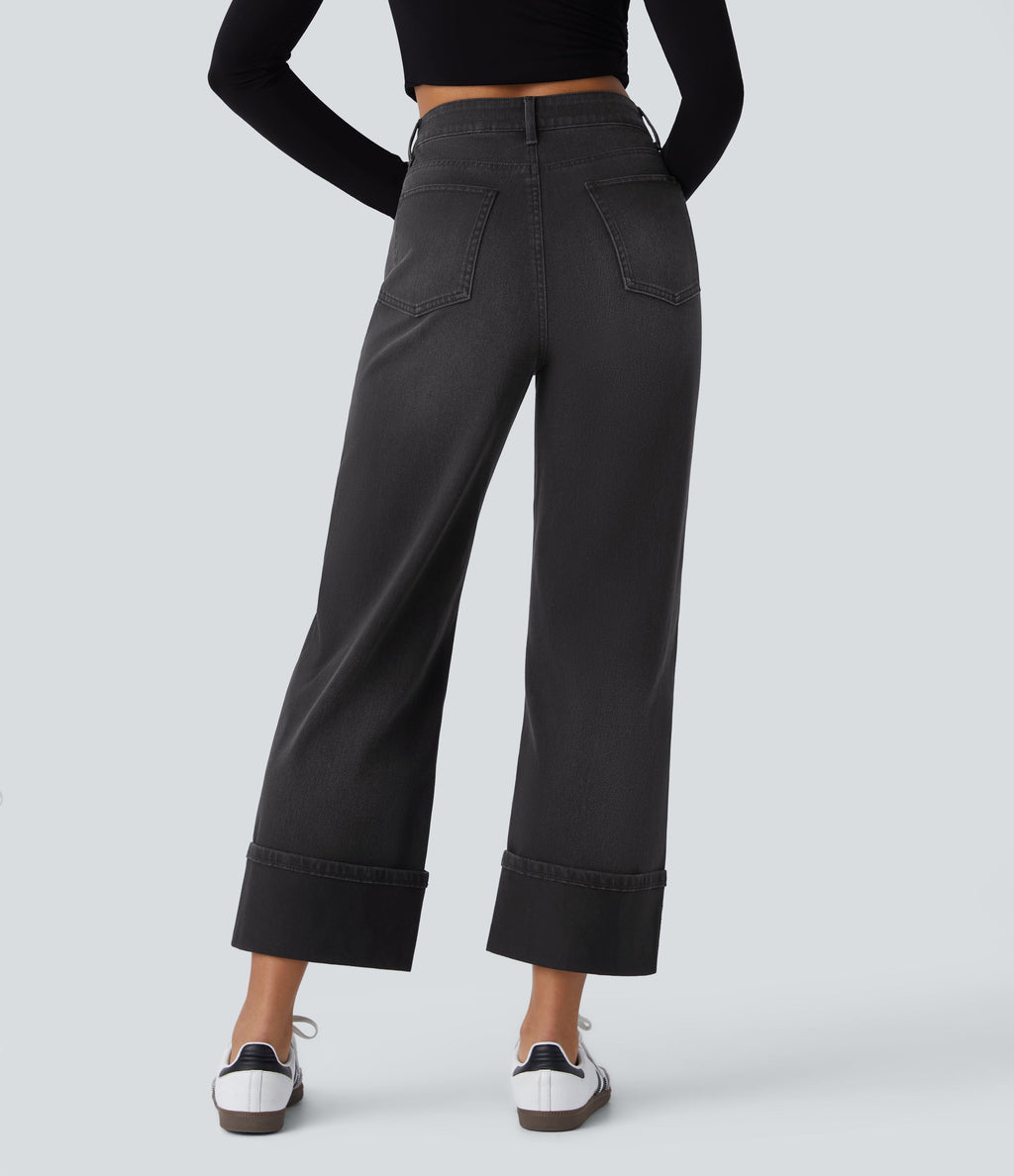 FlexTM High Waisted Multiple Pockets Rolled Hem Wide Leg Washed Stretchy Knit Casual Jeans