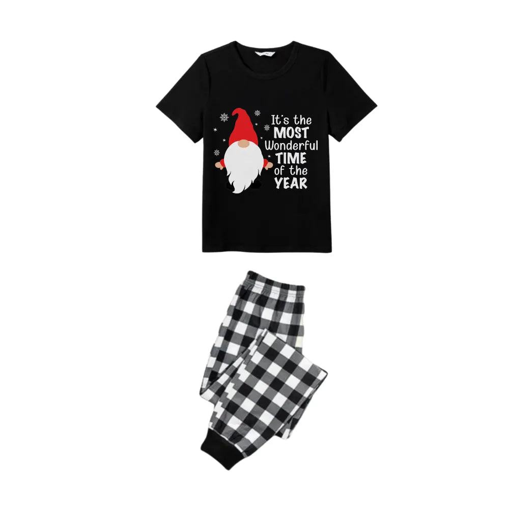 Couple Black and White Plaid Short Sleeve Christmas Pajamas Set Featuring Gnome with Santa Quotes