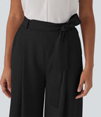 High Waisted Belted Wide Leg Cropped Work Pants with Pockets