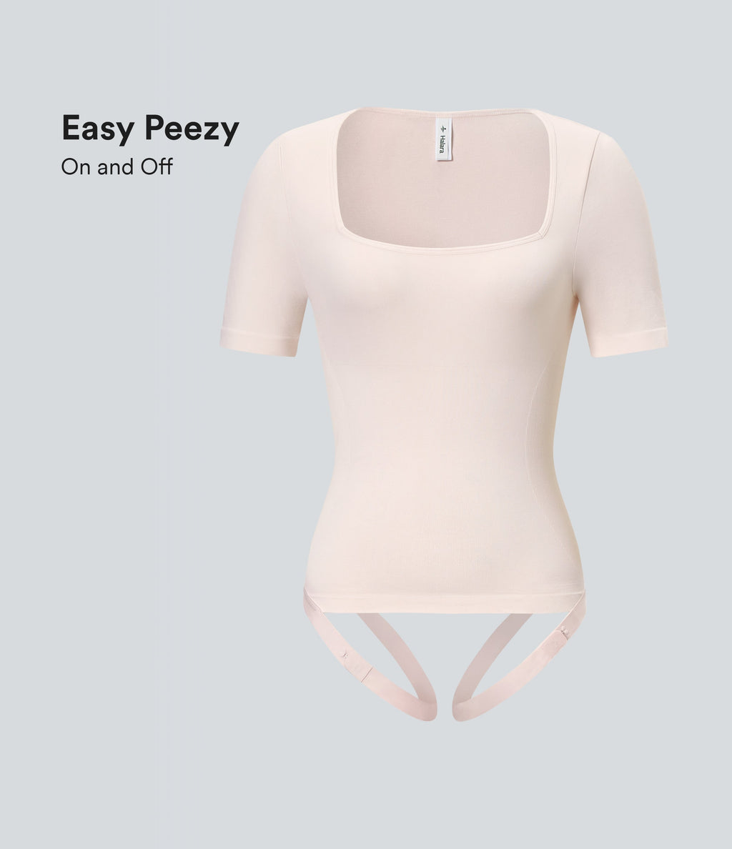 Seamless Flow Smoothing Square Neck Adjustable Leg Straps Work Bodysuit-Easy Peezy
