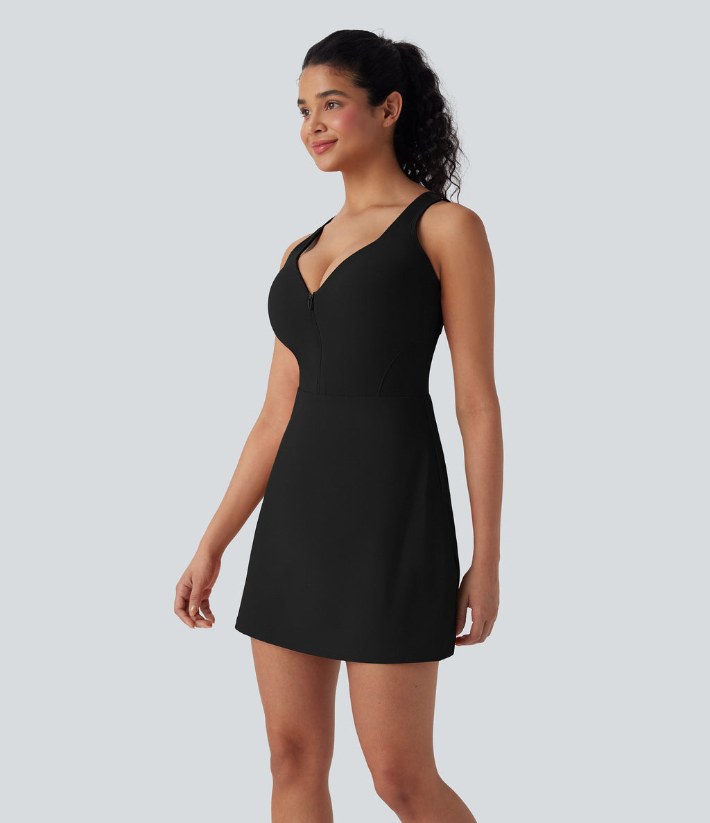 SoftlyZeroTM Plush Push-Up Molded Cups Zipper 2-in-1 Yoga Active Dress with Pockets-Easy Peezy-D/DD/DDD/F