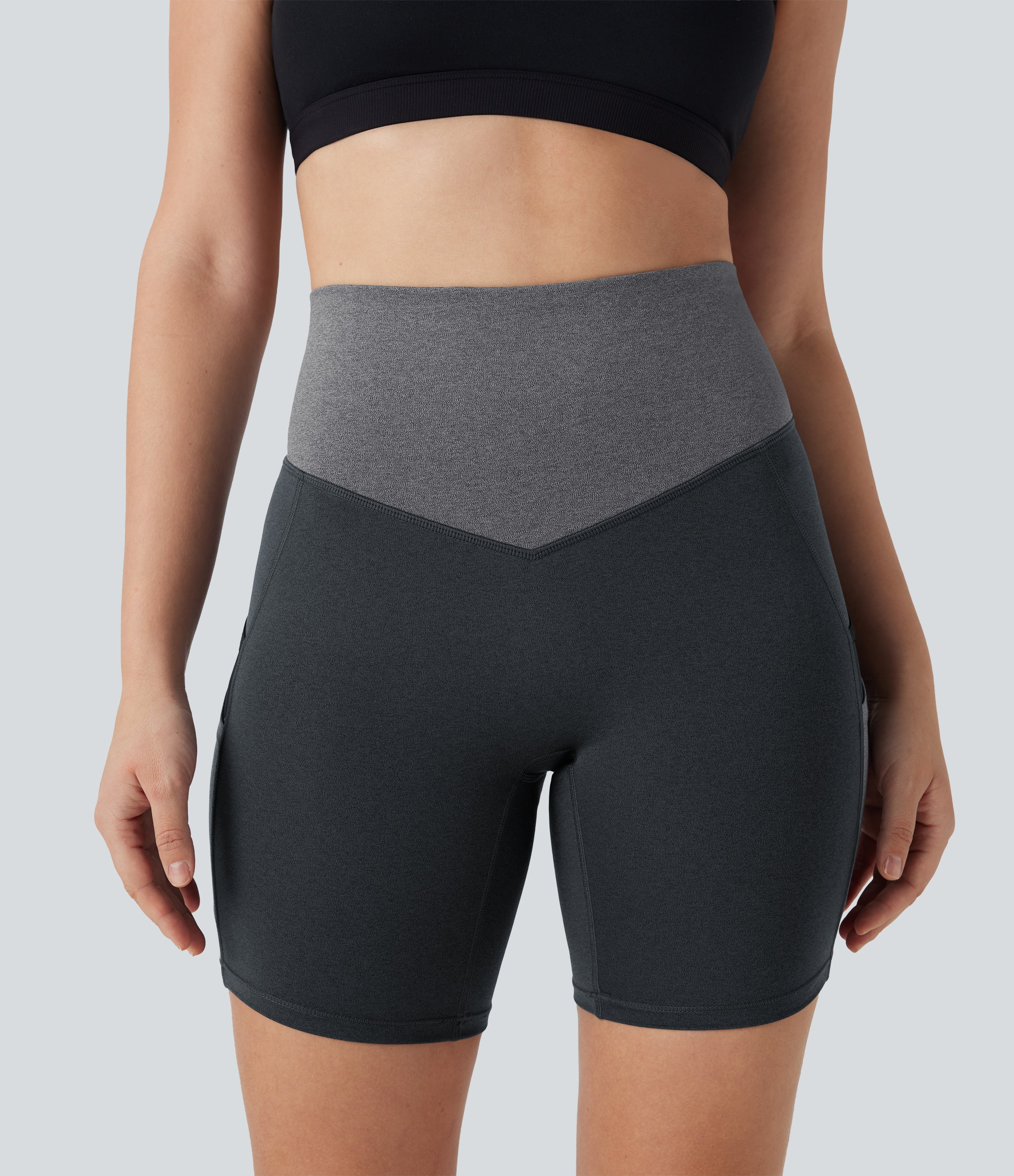High Waisted Color Block Contrast Mesh Quick Dry Yoga Biker Shorts 7'' with Pockets