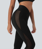 SoftlyZeroTM Crossover High Waisted Contrast Mesh Yoga Leggings with Pocket-UPF50+