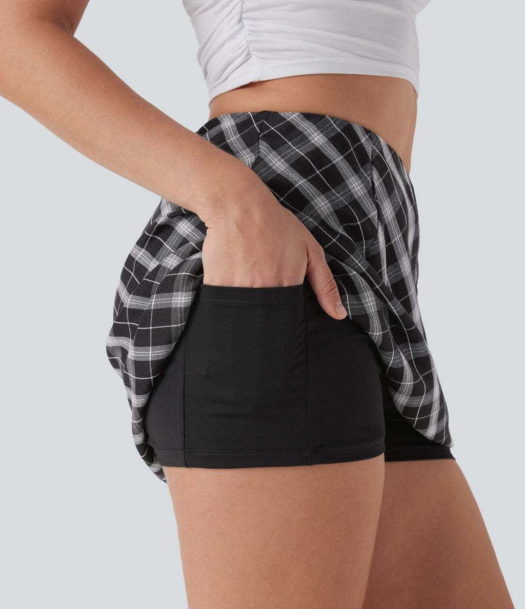 Mid Rise 2-in-1 Plaid A-line Mini Casual Skirt with Pocket