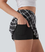 Mid Rise 2-in-1 Plaid A-line Mini Casual Skirt with Pocket