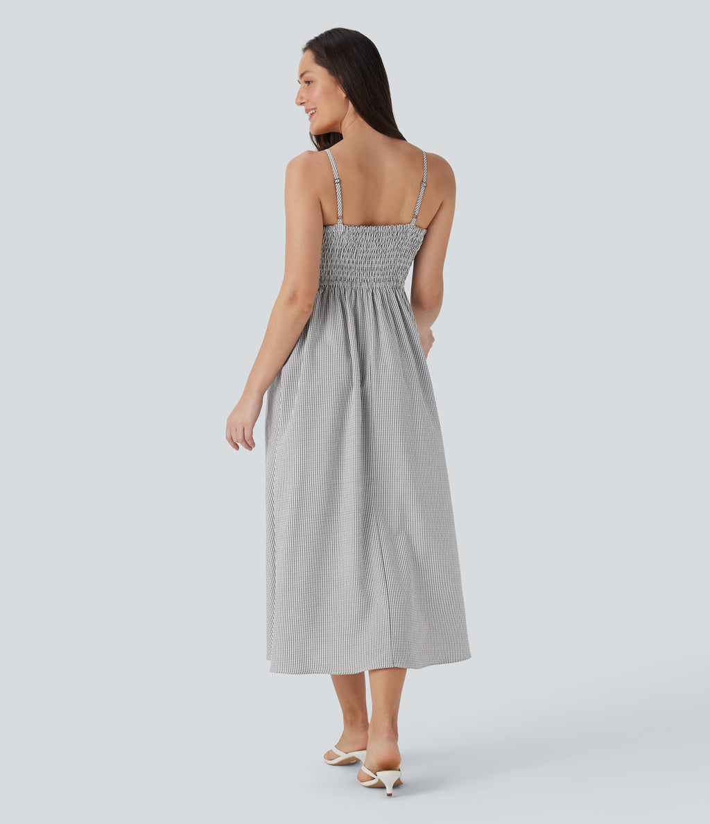 Shirred Stripe Midi Slip Dress with Pockets