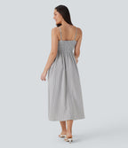 Shirred Stripe Midi Slip Dress with Pockets