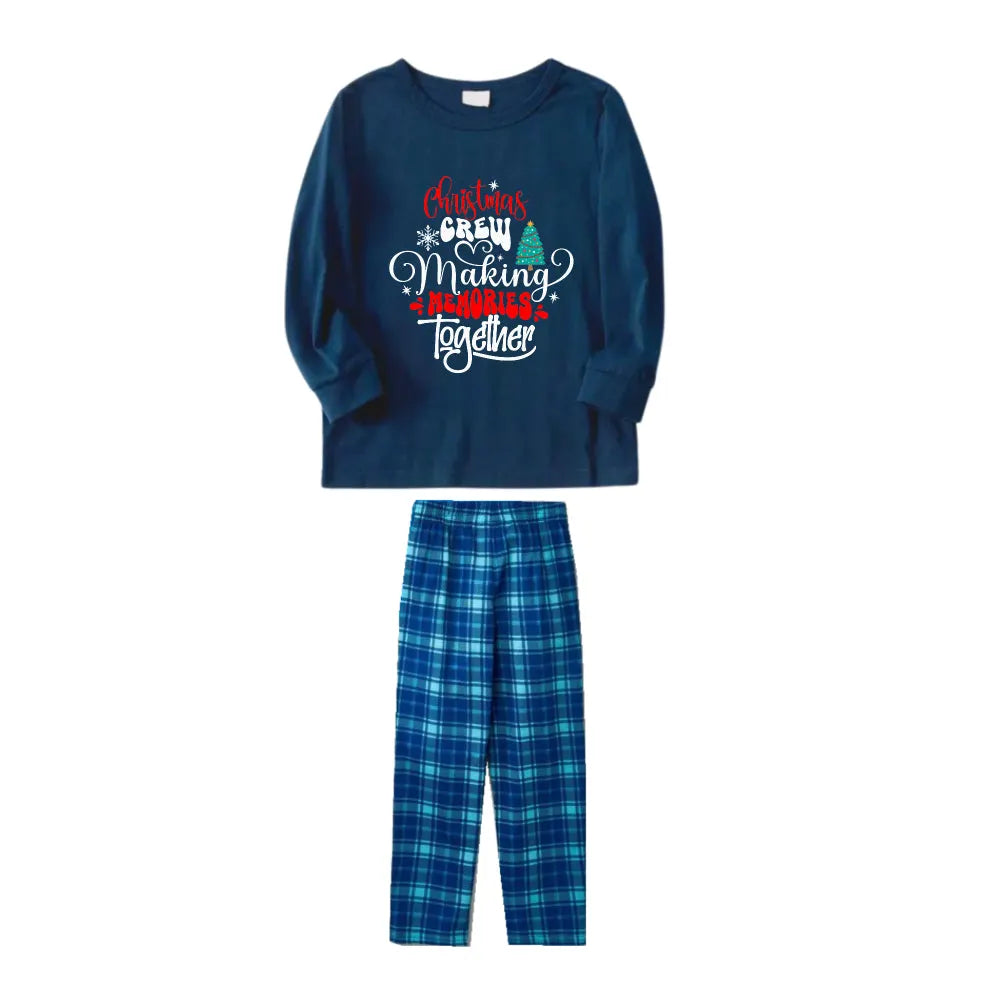 Christmas Family Matching Pajamas-Navy & Sky Blue Plaid Pjs Set with "Christmas Crew Making Memories Together" Artistic Font Print