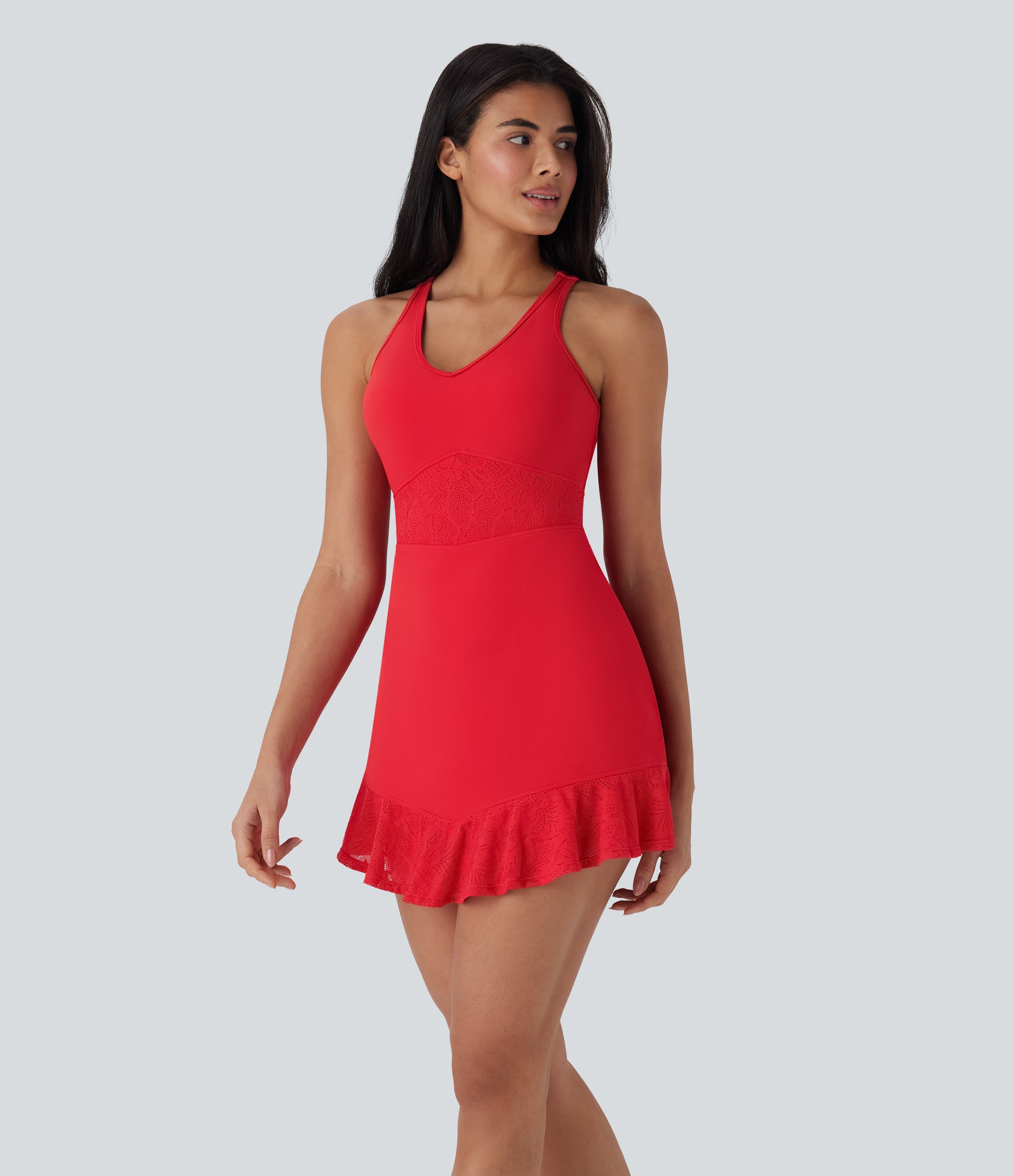 SoftlyZeroTM Contrast Lace 2-Piece Mini Yoga Active Dress with Pocket