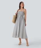 Shirred Stripe Midi Slip Dress with Pockets