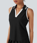 Color Block Polo V Neck Sleeveless Quick Dry Casual Top-UPF50+