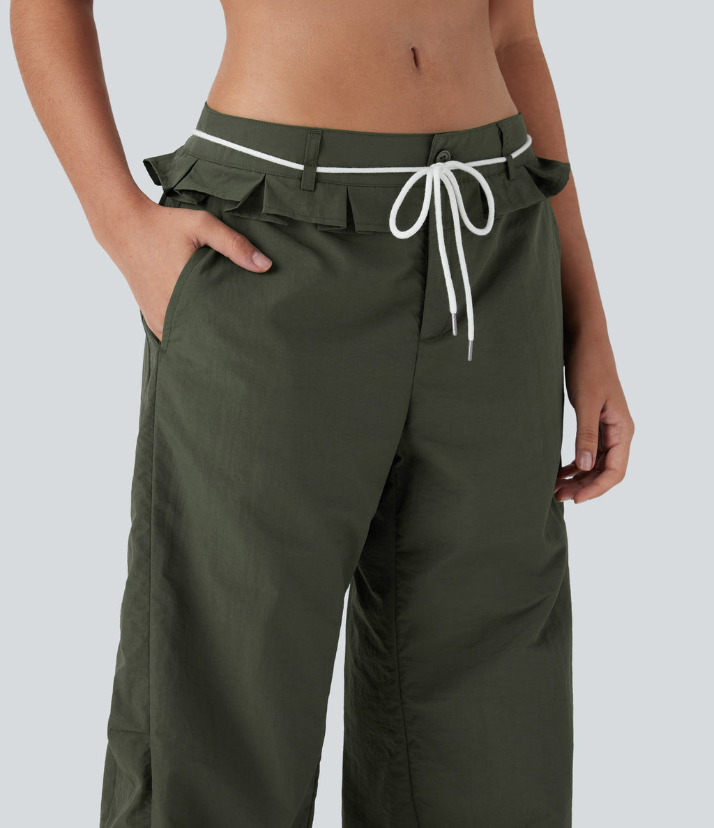 Low Rise Drawstring Ruffle Trim Dance Barrel Leg Pants with Pockets