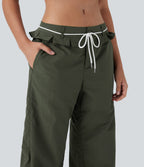 Low Rise Drawstring Ruffle Trim Dance Barrel Leg Pants with Pockets